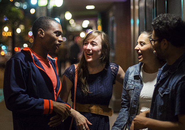 friends hanging out on Green Street in the evening