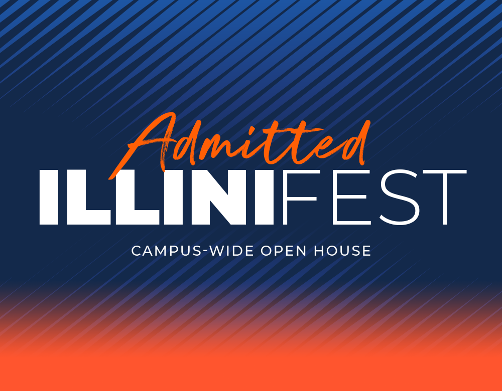 Admitted IlliniFest: Campus-Wide Open House headline overtop blue diagonal pattern