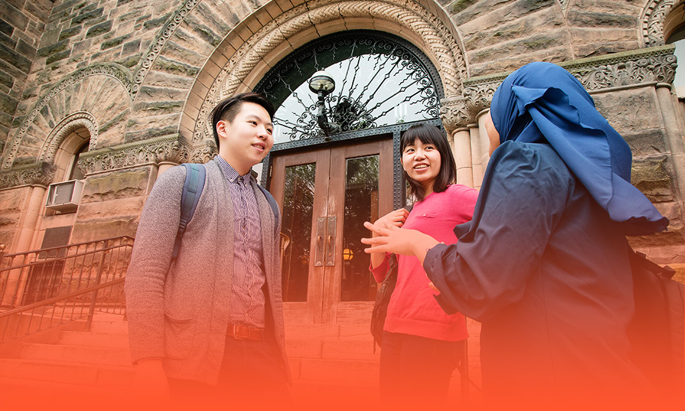 international students talking on the front steps of Altgeld Hall