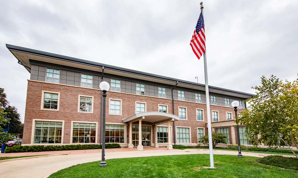 Chez Veterans Center with American flag flying out front