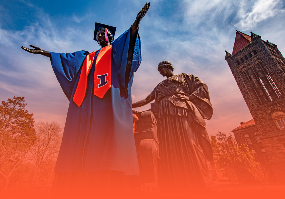 Alma Mater, the beloved bronze statue, wears her own graduation cap and gown and congratulates new graduates a successful journey