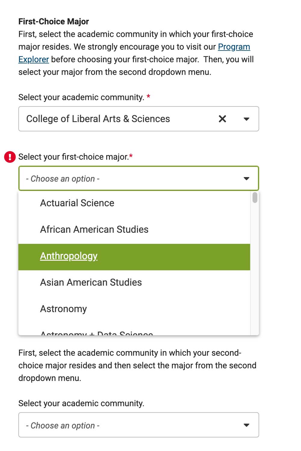 example of selecting a first-choice major on Common App