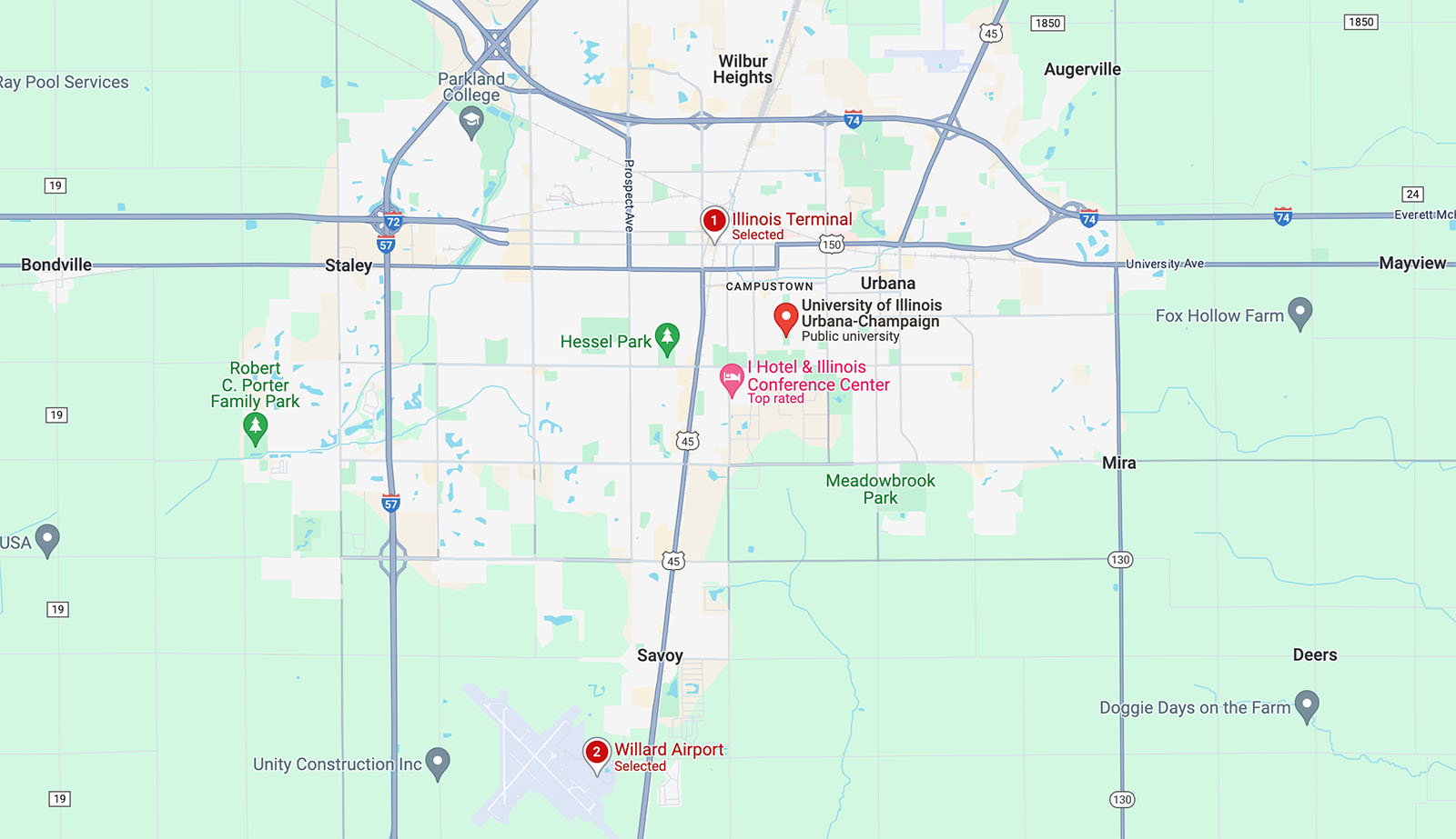 Google map of the University of Illinois Urbana-Champaign and its surrounding area including points of interest like the Illinois Terminal Northwest of campus and Willard Airport to the South in Savoy