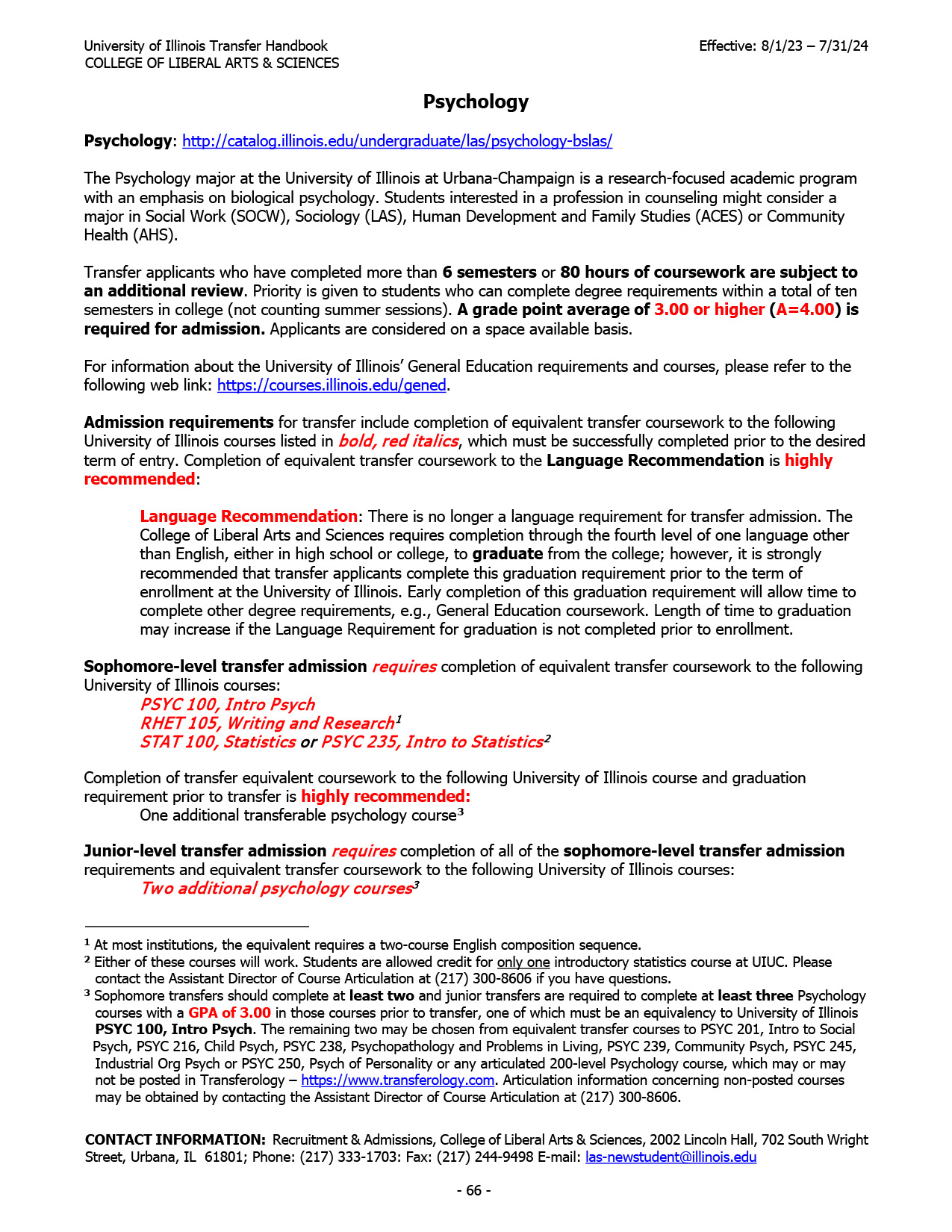 sample page from the Liberal Arts and Sciences Transfer Handbook, specifically the Psychology major