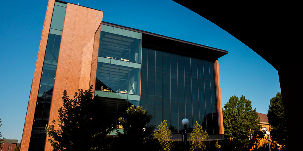 view of the Campus Instructional Facility from the southwest corner of Grainger Library