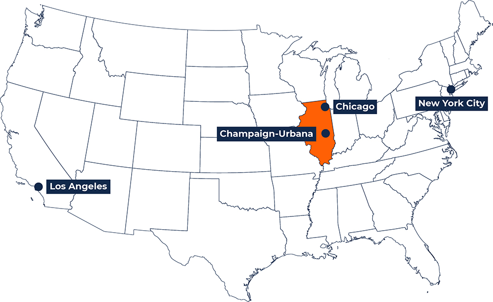 map of the continental United States highlighting Illinois and major US city locations