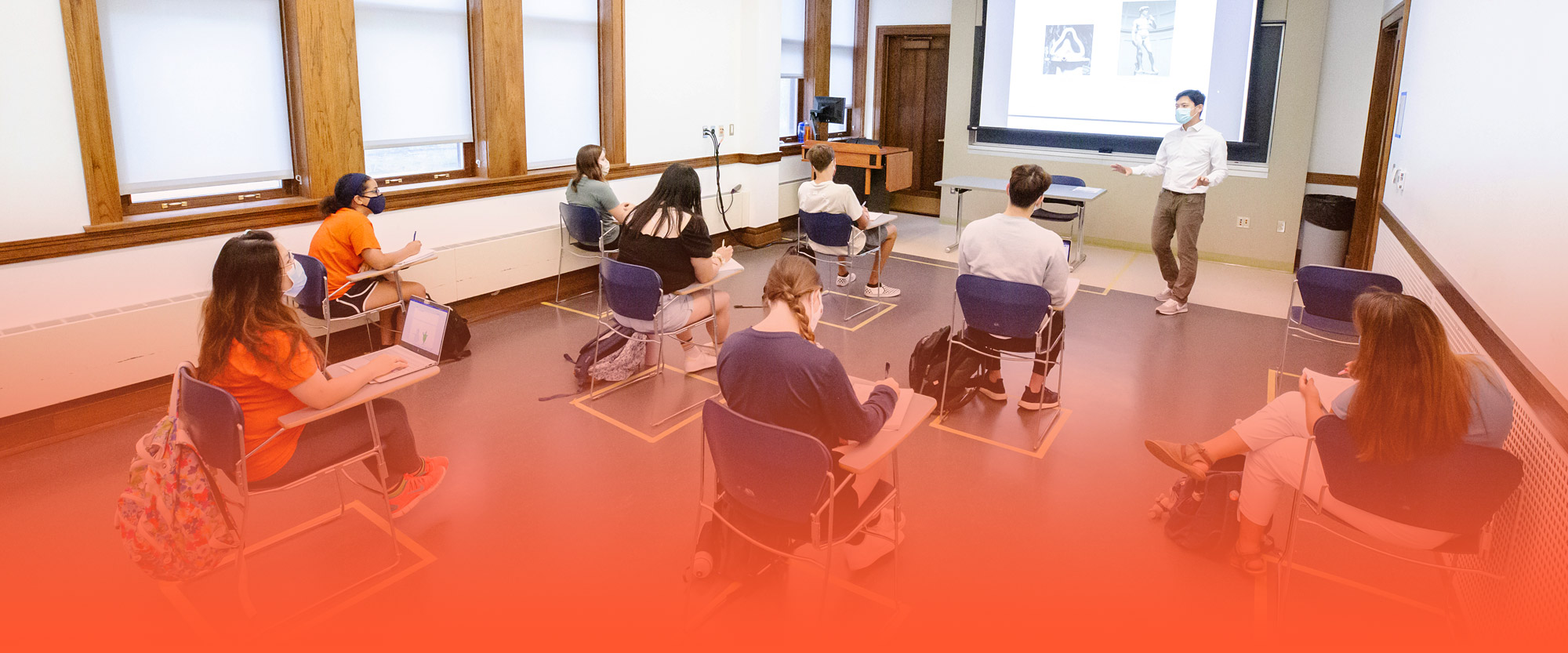 students learning in a socially-distanced classroom in Lincoln Hall