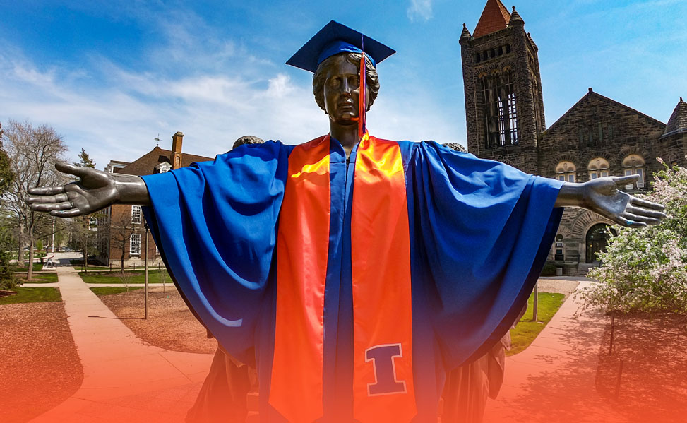 Alma Mater, Learning, and Labor dressed up in graduation cap and gown