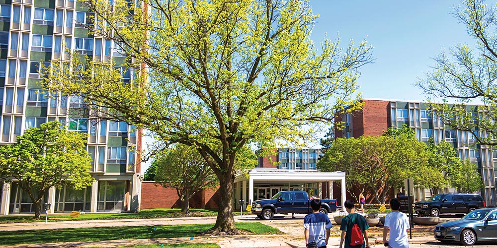 friends walking together to the entrance of Illinois Street Residence Hall