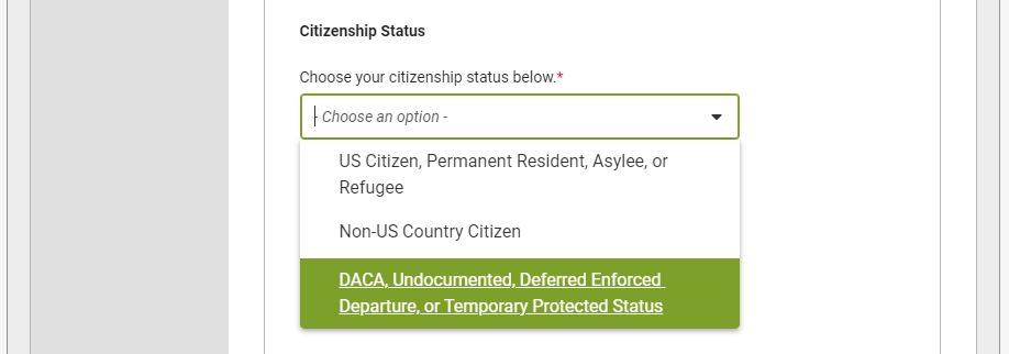 Common App citizenship status options screenshot
